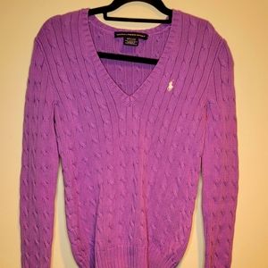Ralph Lauren Sport Womens Sweater  Purple Cable Knit Cotton Sz Medium V Neck.